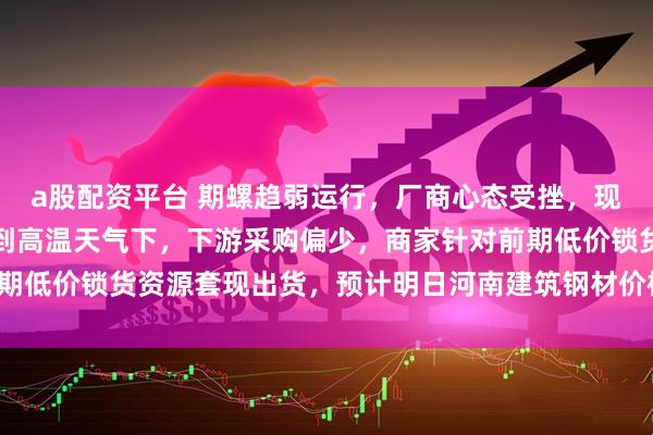 a股配资平台 期螺趋弱运行，厂商心态受挫，现货价格弱势下跌。考虑到高温天气下，下游采购偏少，商家针对前期低价锁货资源套现出货，预计明日河南建筑钢材价格或将趋弱调整。